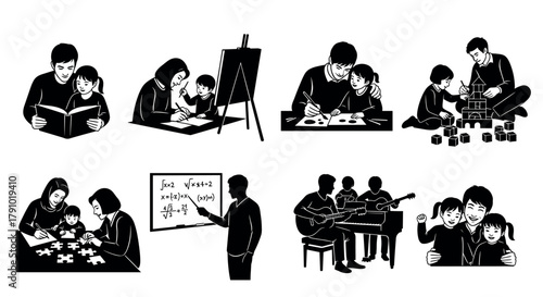 Silhouette scenes of people engaging in educational and family activities, such as reading, drawing, teaching, playing guitar, and solving puzzles.