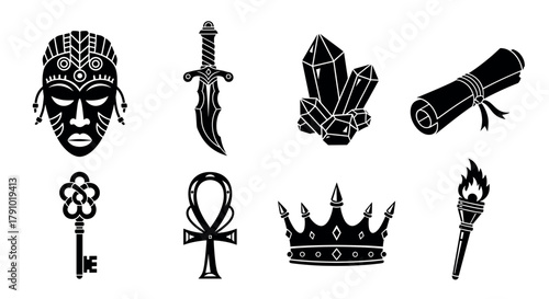 Black silhouette icons depicting a tribal mask, medieval dagger, crystals, scroll, antique key, ankh, royal crown, and flaming torch.