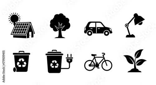 Black silhouettes of eco-friendly symbols including a solar-powered house, tree, car, lamp, recycling bins, bicycle, and plant sprout.