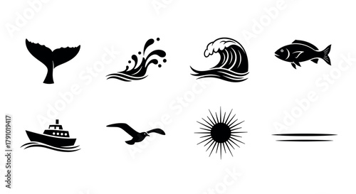 Black silhouette icons of marine elements including a whale tail, wave, fish, boat, seagull, and sun, capturing ocean themes in a simple design.