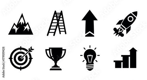 Black silhouettes of achievement and success icons including a mountain, ladder, up arrow, rocket, target, trophy, lightbulb, and ascending bars.