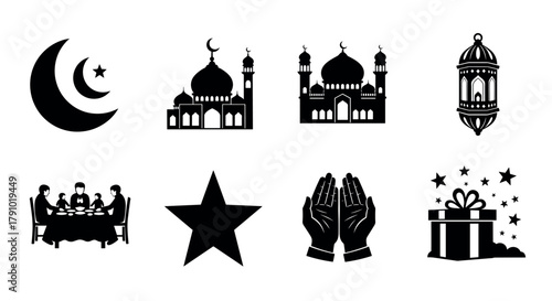 Black silhouette icons representing islamic themes, including a crescent moon, mosques, a lantern, people dining, a star, praying hands, and a gift box.