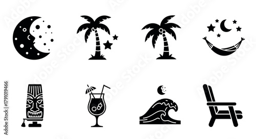 Set of eight black silhouette icons featuring a crescent moon, palm trees, a hammock, a tiki mask, a tropical drink, an ocean wave, and a beach chair.