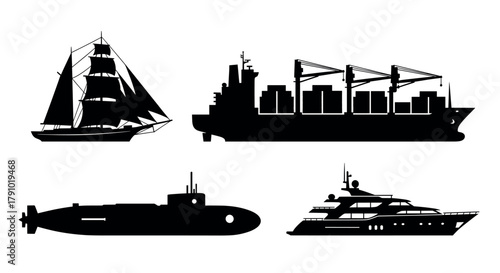 Silhouette collection of four different ships, including a sailboat, cargo ship, submarine, and yacht on a white background.