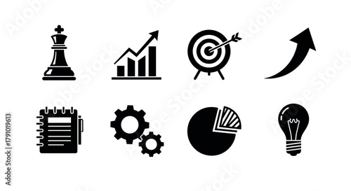 Black vector icons representing various business concepts, including a chess king, growth graph, target with arrow, upward arrow, notebook, gears, pie chart, and light bulb.