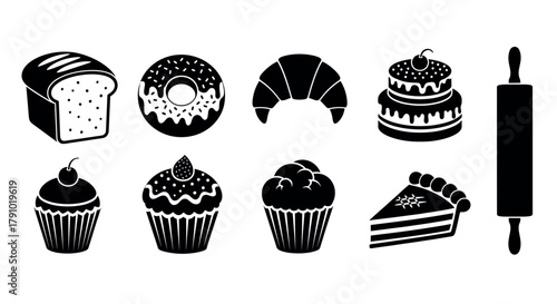 Black silhouette icons of various baked goods, including a loaf of bread, donut, croissant, cake, cupcakes, pie, and a rolling pin.