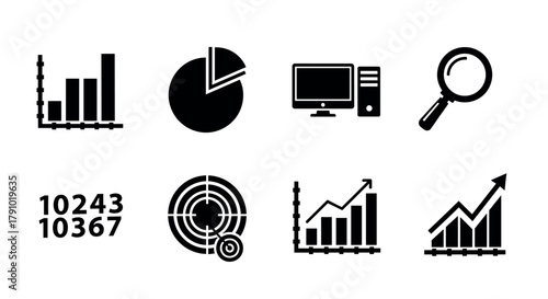 Set of black icons depicting a bar chart, pie chart, computer with monitor, magnifying glass, numerical data, target, and two line graphs with upward trends.