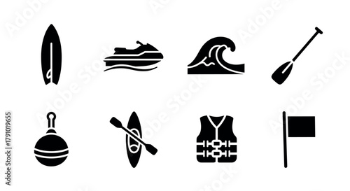 Set of black silhouette icons depicting a surfboard, jet ski, ocean wave, paddle, buoy, kayak, life jacket, and flag for water sports and marine activities.