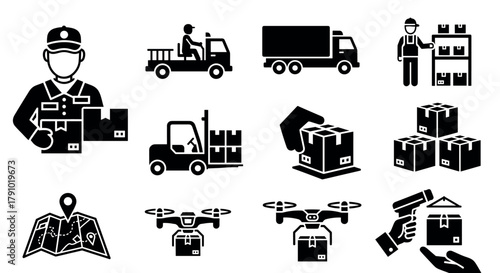 Black icon set depicting various logistics elements including a delivery person with packages, trucks, forklifts, drones, and a location map.