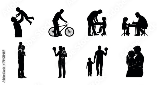 Silhouettes of adult males interacting with children in various activities, such as playing, cycling, and teaching, illustrating bonding and family relationships.