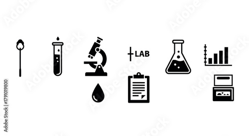 Black silhouette icons of laboratory equipment, including a cotton swab, test tube, microscope, beaker, clipboard, and experiment chart.