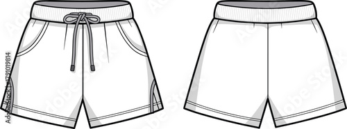 Sport shorts front back view with drawstring elastic waistband pockets sewing pattern mockup for apparel design production, cad drawing flat vector illustration