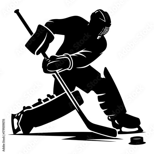 Black and white illustration of a hockey player with a stick hitting the puck on a white isolated background. Vector graphics. EPS.