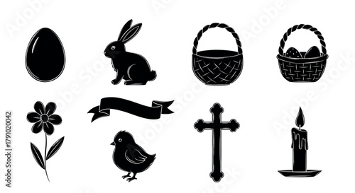 Black silhouette set of easter symbols featuring an egg, rabbit, baskets with eggs, flower, banner, chick, cross, and candle.