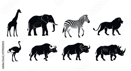 Black silhouette icons of various african animals including a giraffe, elephant, zebra, lion, ostrich, wildebeest, buffalo, and rhinoceros in a row.
