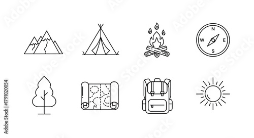 Set of black outline icons including a mountain, camping tent, campfire, compass, tree, map, backpack, and sun, illustrating outdoor adventure and exploration.