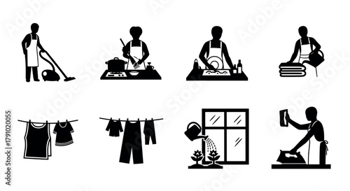 Eight black silhouette icons depicting various household chores, including vacuuming, cooking, dishwashing, laundry, ironing, and gardening.