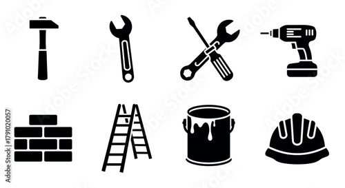 Black silhouette icons of construction tools including hammer, wrench, screwdriver, drill, brick wall, ladder, paint can, and hard hat.