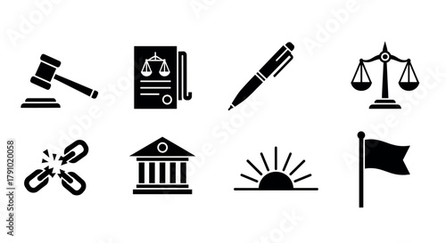 Black silhouette icons representing a gavel, legal document with scales, pen, justice scales, broken chain, courthouse, sunrise, and flag.