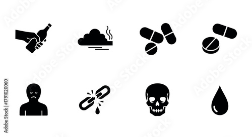 Black icons depicting substance abuse, including alcohol, cigarettes, pills, a sad person, broken chain, skull, and drop symbolizing danger and addiction.