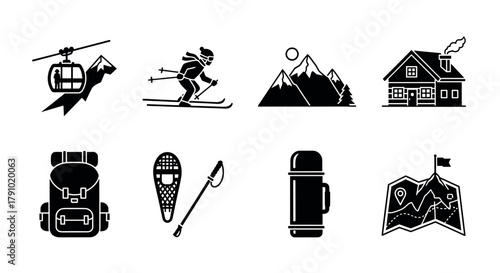 Black silhouette icons depicting skiing, mountain cable car, winter sports gear, and a cabin, representing various aspects of outdoor adventure and exploration.