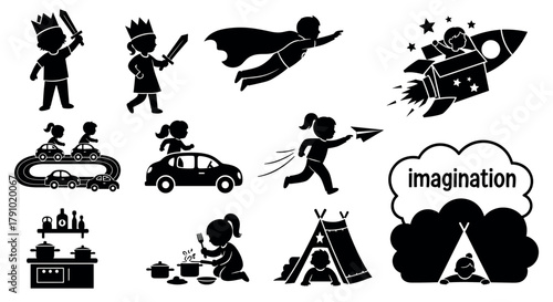 Silhouette illustrations of children engaging in imaginative play, featuring a boy in a cape flying, a girl riding a toy car, and kids playing in a tent and cardboard rocket.