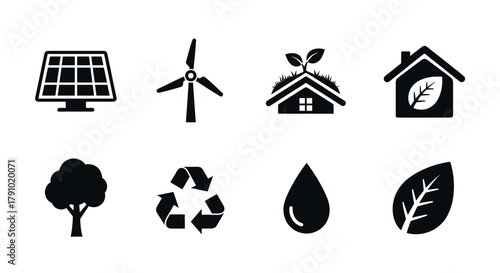 Black silhouette icons depicting eco-friendly concepts including solar panel, wind turbine, green roof house, tree, recycling symbol, water drop, and leaf.
