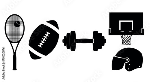Black silhouette icons of a tennis racket, american football, dumbbell, basketball hoop, and helmet showcasing various sports equipment.