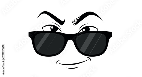 Cartoon face with expressive eyes and a mischievous smile wearing large, black sunglasses.