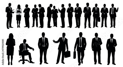 Silhouettes of business professionals in various poses, including standing, sitting, and gesturing, showcasing male and female figures in formal attire.