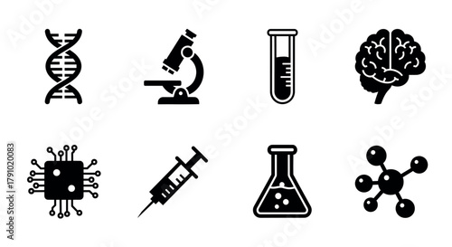 Black and white icons depicting a dna double helix, microscope, test tube, brain, microchip, syringe, beaker, and molecule, representing science and technology.