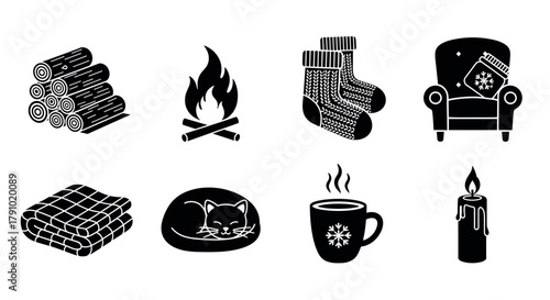Black silhouette icons featuring logs, a campfire, cozy socks, an armchair, a blanket, a sleeping cat, a steaming mug, and a lit candle.
