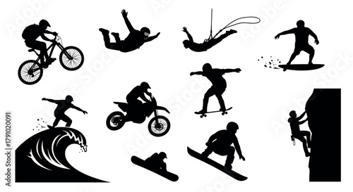 Silhouettes of individuals engaging in extreme sports, including biking, skydiving, surfing, skateboarding, and rock climbing.