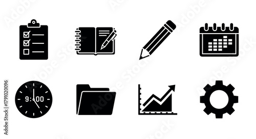 Set of black icons depicting a checklist clipboard, notebook with pencil, pencil, calendar, clock, folder, upward graph, and gear for organization and planning.