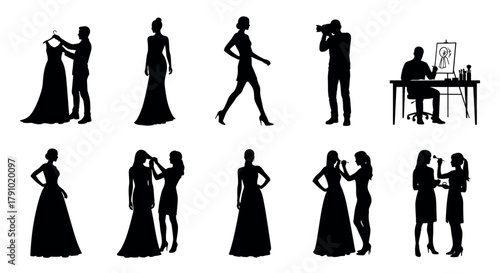 Silhouette collection of various fashion-related activities including design, modeling, and photography, featuring men and women in stylish poses.