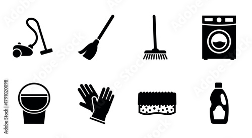 Black silhouette icons of various cleaning equipment including a vacuum, broom, rake, washing machine, bucket, gloves, sponge, and detergent bottle.