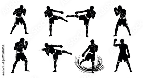 Silhouettes of male boxers and kickboxers in various fighting poses, showcasing diverse martial arts techniques and dynamic movements.