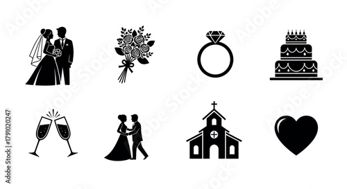 Black silhouette icons representing wedding elements, including a bride and groom, floral bouquet, diamond ring, tiered cake, champagne glasses, couple dancing, church, and heart.