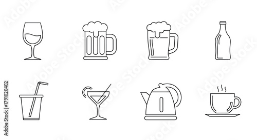 Minimalist black outline icons of various beverage containers including a wine glass, beer mugs, soda bottle, cocktail glass, electric kettle, and coffee cup.