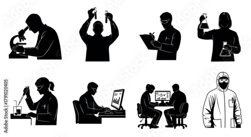 Silhouette illustrations of male and female scientists conducting experiments, analyzing data, and discussing findings, demonstrating various scientific activities.