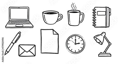 Black outline vector drawings of a laptop, two coffee cups, a notebook, a pen, an envelope, a piece of paper, a clock, and a desk lamp.