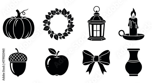 Black silhouette icons featuring a pumpkin, leaf wreath, lantern, candle, acorn, apple, bow, and vase, representing autumn themes.