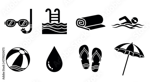 Black silhouette icons of swimming gear and beach essentials, including goggles, snorkel, pool ladder, towel, swimmer, beach ball, water droplet, flip-flops, and umbrella.