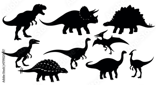 Silhouettes of various dinosaurs, including a t-rex, triceratops, stegosaurus, and pterodactyl, depicted in black against a white background.