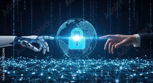 Global Cybersecurity and AI Partnership: Robot Hand and Human Hand Touching Near a Digital Lock on a Globe, Representing Data Protection and Technology Security.