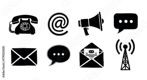 Black and white icons representing various communication methods, including a telephone, email symbol, megaphone, speech bubble, envelope, and broadcast tower.