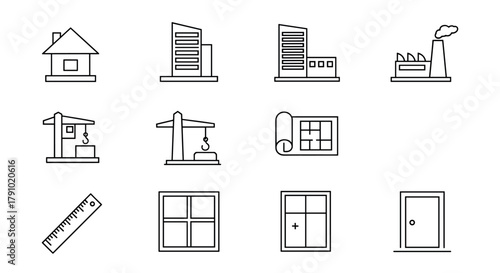 Black outline icons depicting various buildings and construction elements, including a house, skyscraper, factory, crane, blueprint, ruler, window, and door.