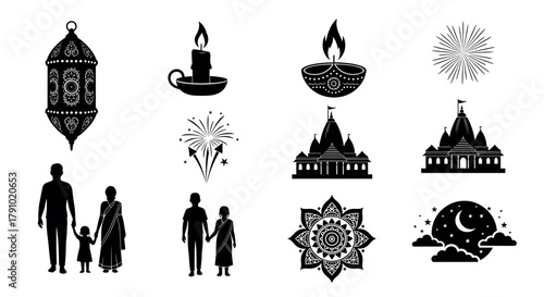 Black silhouette icons of traditional indian cultural symbols including a lantern, diya, candle, fireworks, temple, family figures, mandala flower, and night sky with moon and stars.