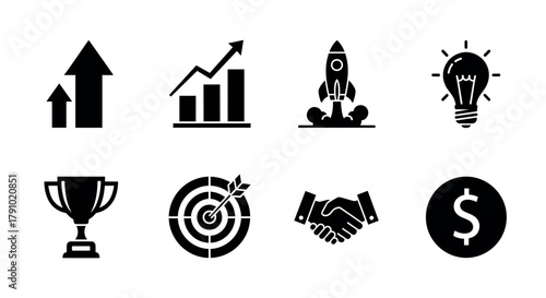 Black icons representing growth, business success, and innovation, set against a plain background.