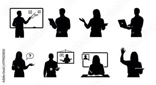 Silhouettes of professionals engaged in various tasks, including a presentation, reading a tablet, gesturing, using a laptop, answering a question, participating in a video call, and writing.